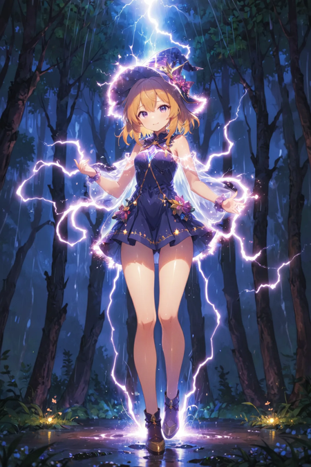 02094-3679169127-anime, girl, wizard hat, lightning robe, thighhighs, happy, magic, transparent, translucent, light particles, b.webp
